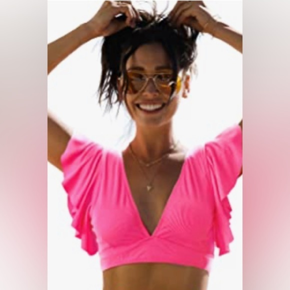NEW - Small Ribbed Ruffle Bikini Deep V 
2025 pink summer season - Picture 2 of 6